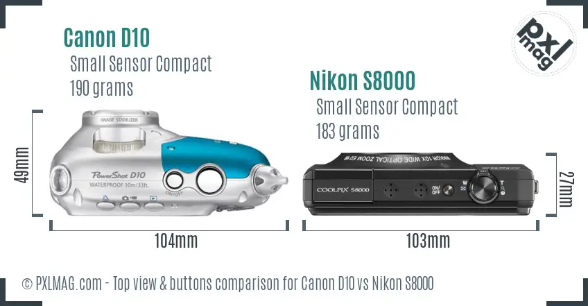 Canon D10 vs Nikon S8000 top view buttons comparison