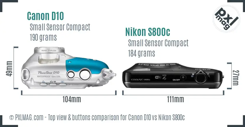 Canon D10 vs Nikon S800c top view buttons comparison Canon D10 vs Nikon S800c top view buttons comparison