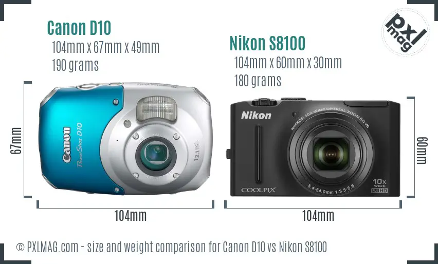 Canon D10 vs Nikon S8100 size comparison