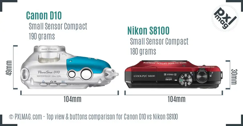 Canon D10 vs Nikon S8100 top view buttons comparison