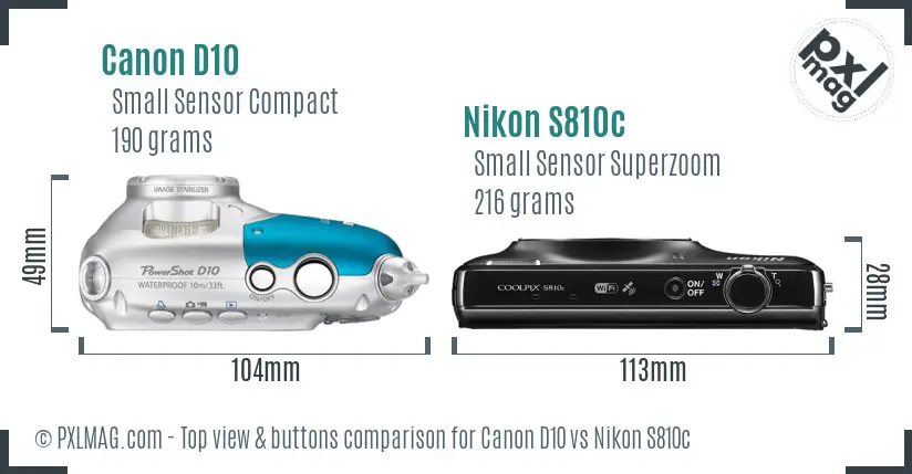 Canon D10 vs Nikon S810c top view buttons comparison Canon D10 vs Nikon S810c top view buttons comparison