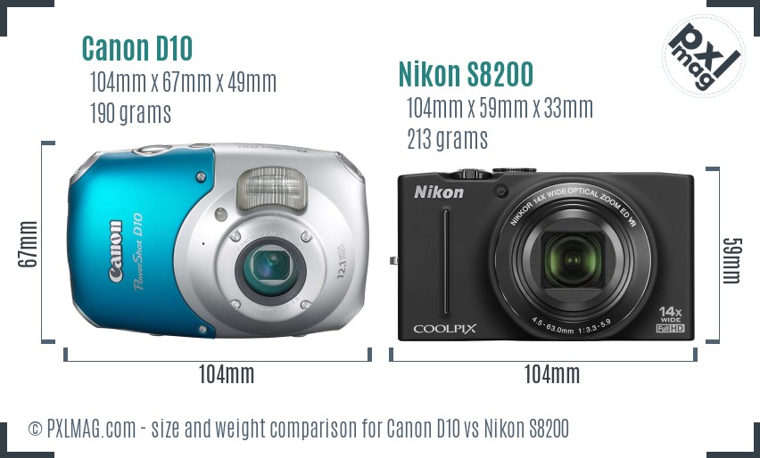 Canon D10 vs Nikon S8200 size comparison