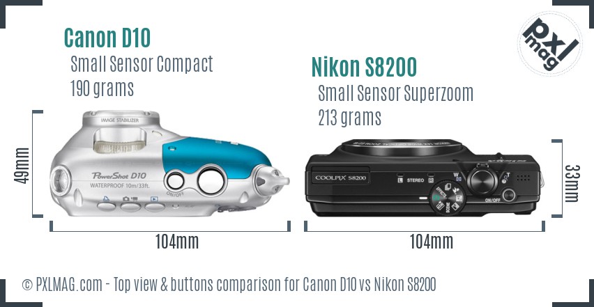 Canon D10 vs Nikon S8200 top view buttons comparison