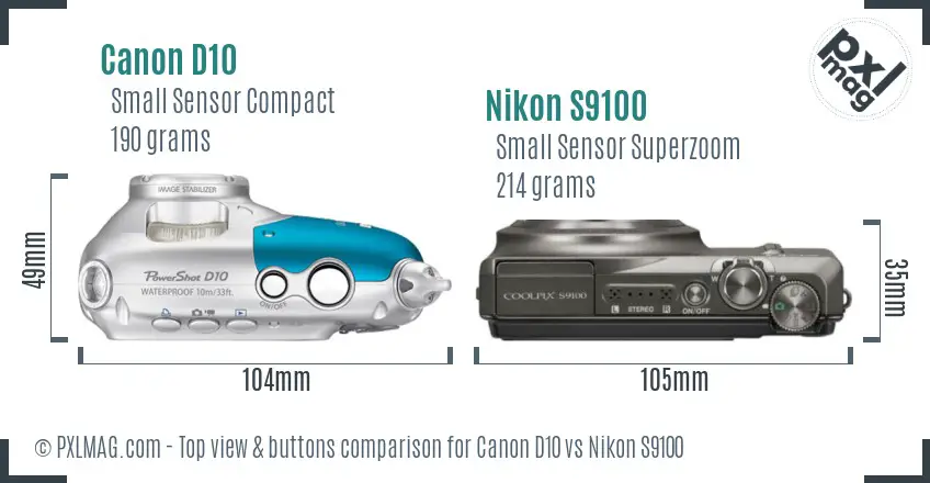 Canon D10 vs Nikon S9100 top view buttons comparison Canon D10 vs Nikon S9100 top view buttons comparison