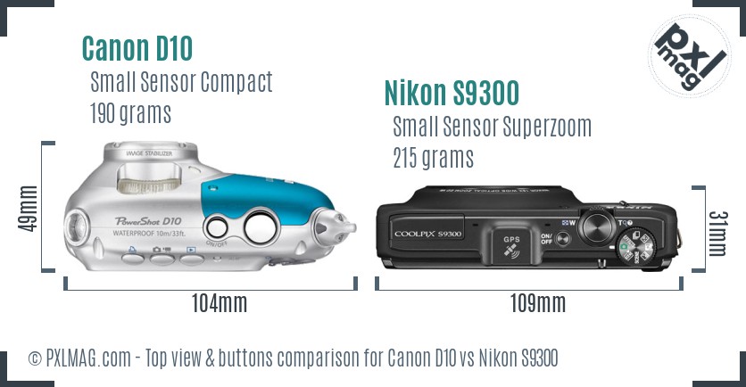 Canon D10 vs Nikon S9300 top view buttons comparison