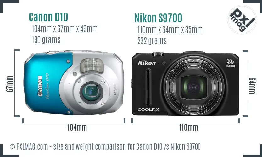 Canon D10 vs Nikon S9700 size comparison