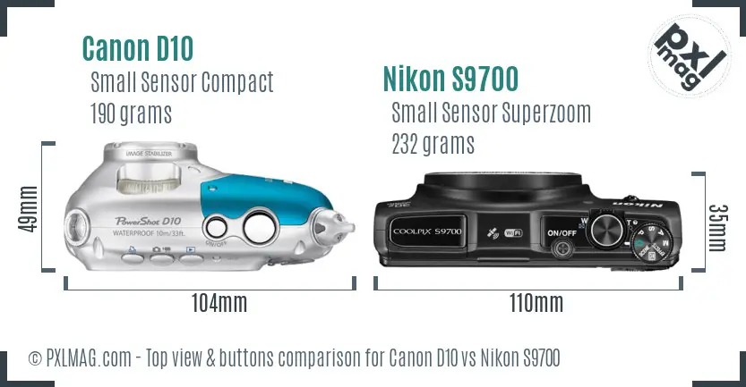 Canon D10 vs Nikon S9700 top view buttons comparison