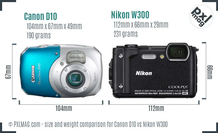 Canon D10 vs Nikon W300 size comparison