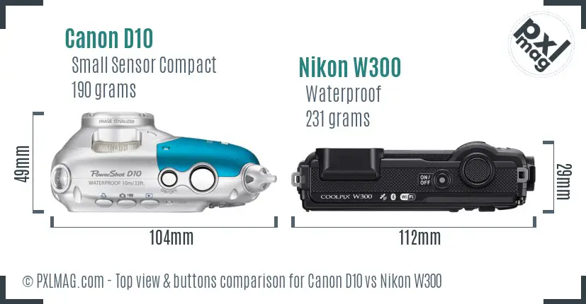 Canon D10 vs Nikon W300 top view buttons comparison