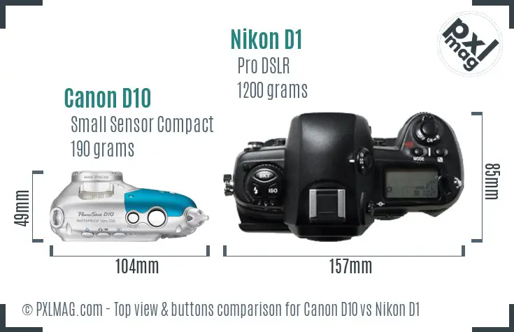 Canon D10 vs Nikon D1 top view buttons comparison Canon D10 vs Nikon D1 top view buttons comparison