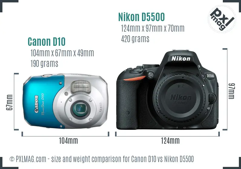 Canon D10 vs Nikon D5500 size comparison