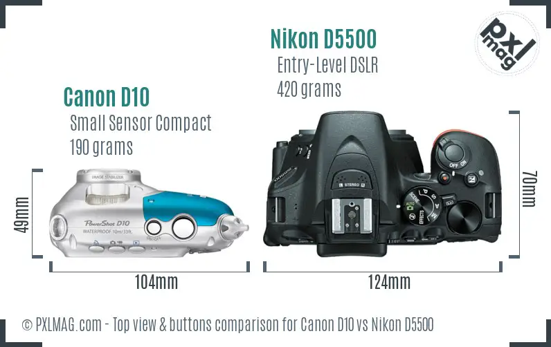 Canon D10 vs Nikon D5500 top view buttons comparison