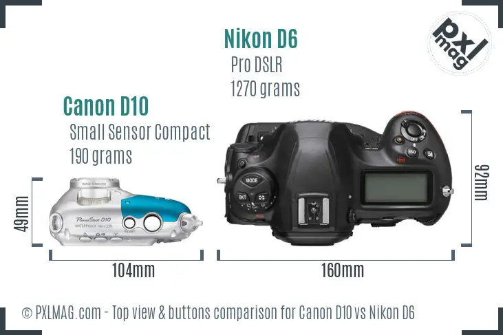 Canon D10 vs Nikon D6 top view buttons comparison