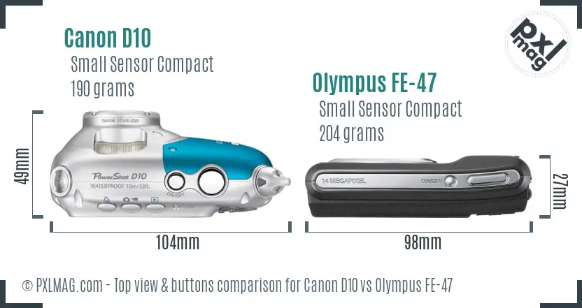 Canon D10 vs Olympus FE-47 top view buttons comparison