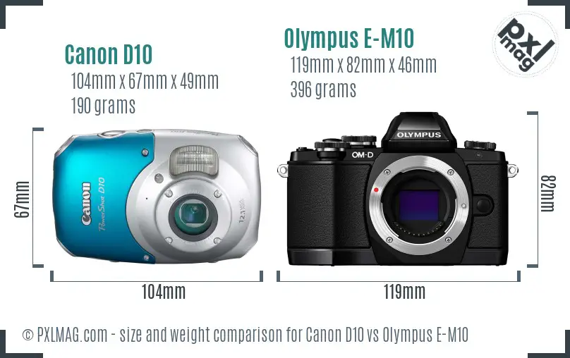 Canon D10 vs Olympus E-M10 size comparison