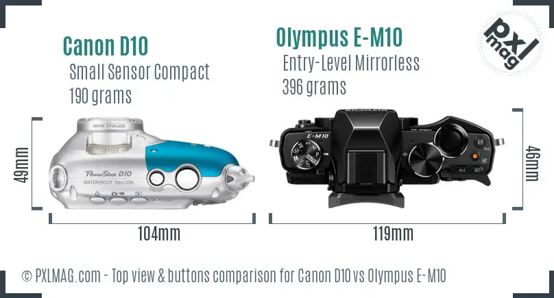 Canon D10 vs Olympus E-M10 top view buttons comparison
