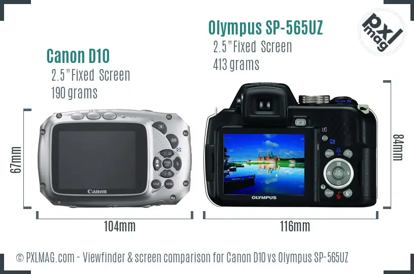 Canon D10 vs Olympus SP-565UZ Screen and Viewfinder comparison