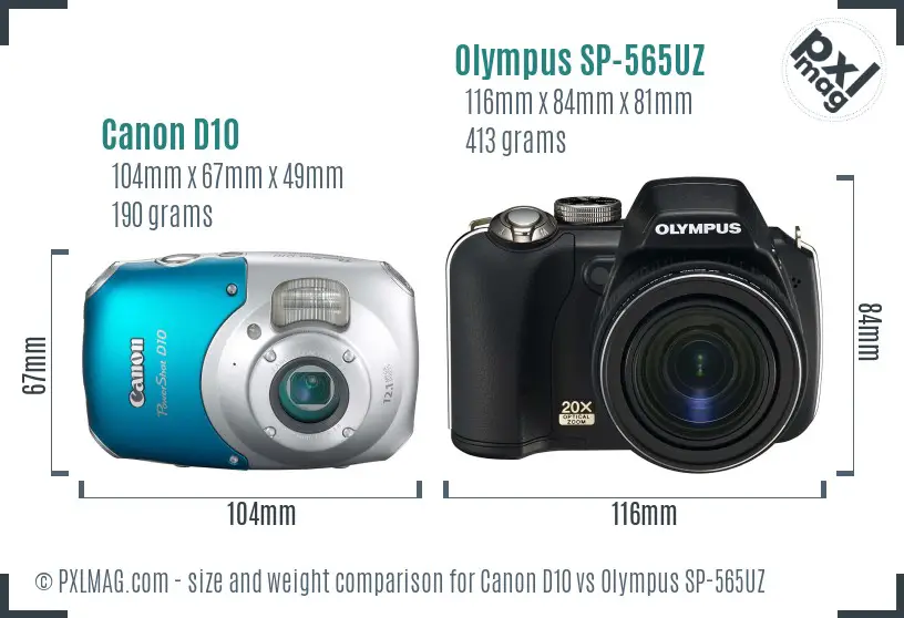 Canon D10 vs Olympus SP-565UZ size comparison