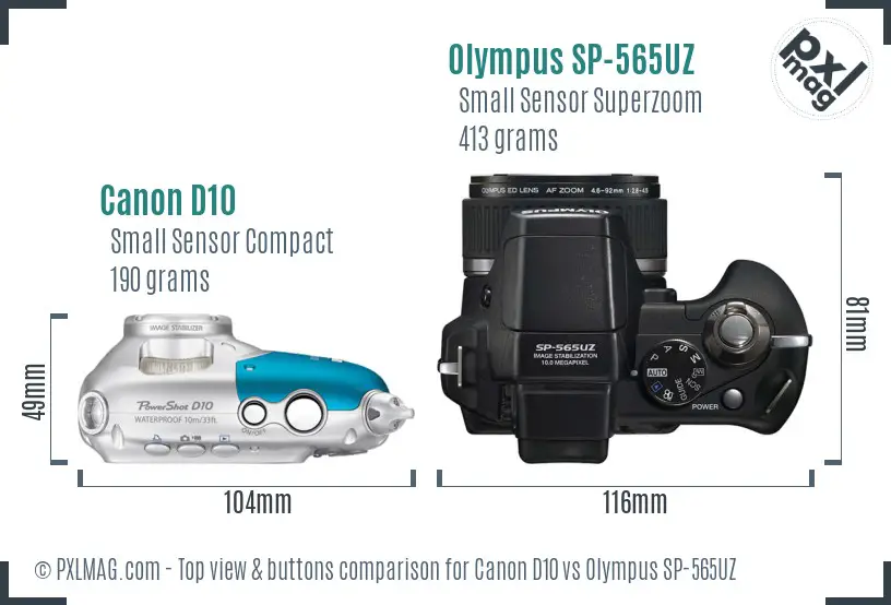 Canon D10 vs Olympus SP-565UZ top view buttons comparison