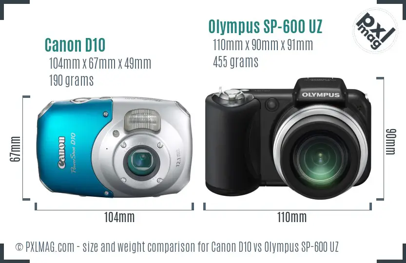 Canon D10 vs Olympus SP-600 UZ size comparison