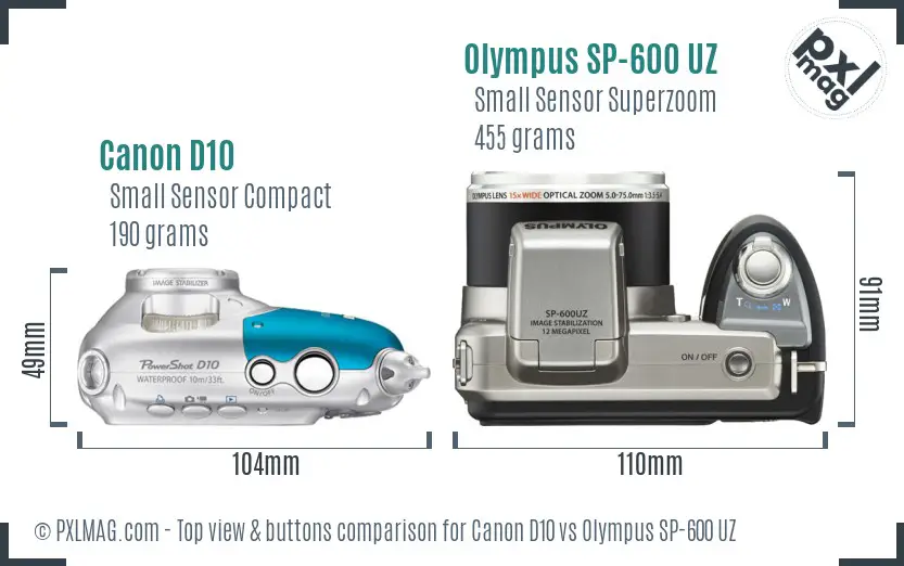 Canon D10 vs Olympus SP-600 UZ top view buttons comparison