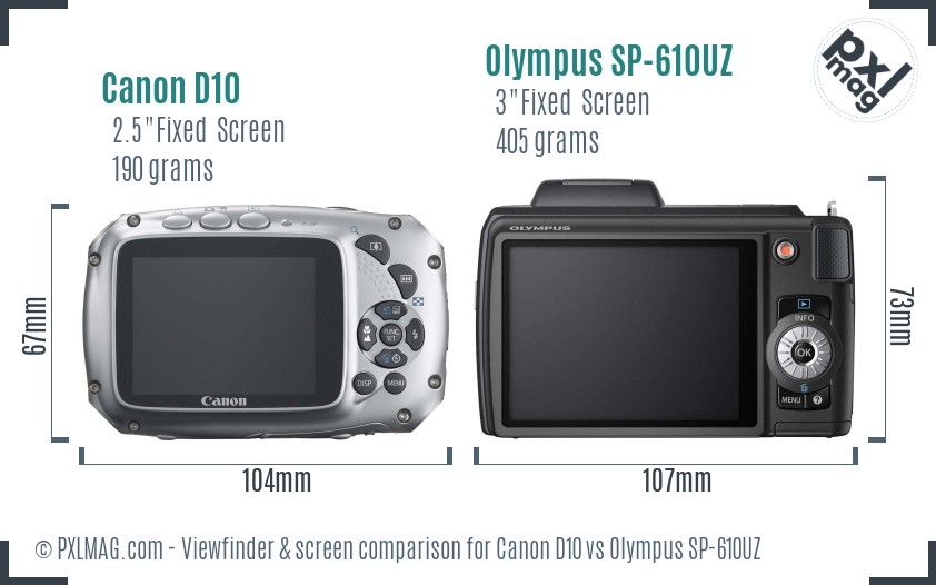 Canon D10 vs Olympus SP-610UZ Screen and Viewfinder comparison