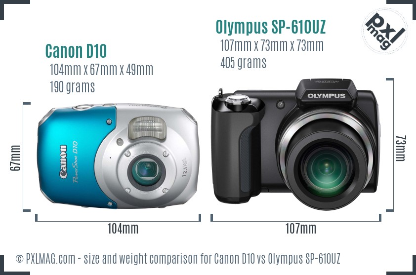 Canon D10 vs Olympus SP-610UZ size comparison
