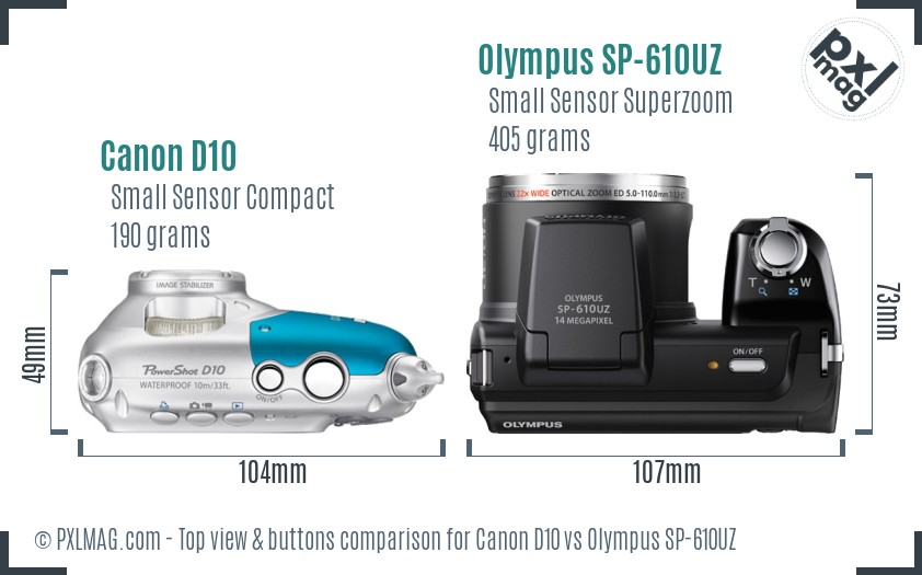 Canon D10 vs Olympus SP-610UZ top view buttons comparison