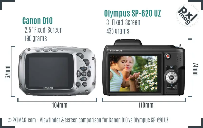 Canon D10 vs Olympus SP-620 UZ Screen and Viewfinder comparison