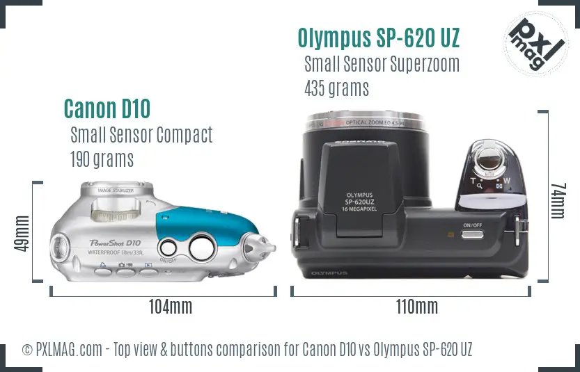 Canon D10 vs Olympus SP-620 UZ top view buttons comparison