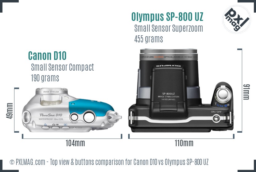 Canon D10 vs Olympus SP-800 UZ top view buttons comparison