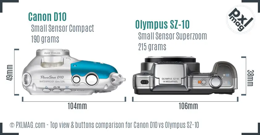 Canon D10 vs Olympus SZ-10 top view buttons comparison