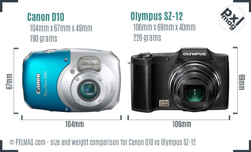 Canon D10 vs Olympus SZ-12 size comparison