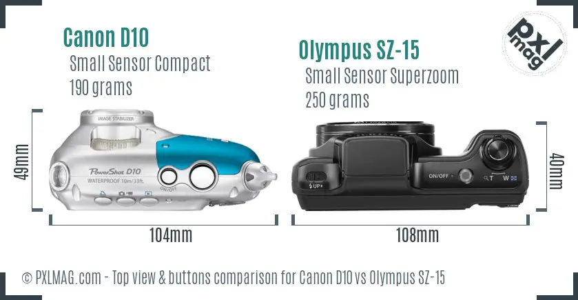 Canon D10 vs Olympus SZ-15 top view buttons comparison