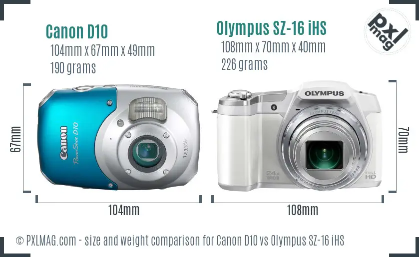 Canon D10 vs Olympus SZ-16 iHS size comparison