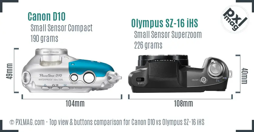 Canon D10 vs Olympus SZ-16 iHS top view buttons comparison