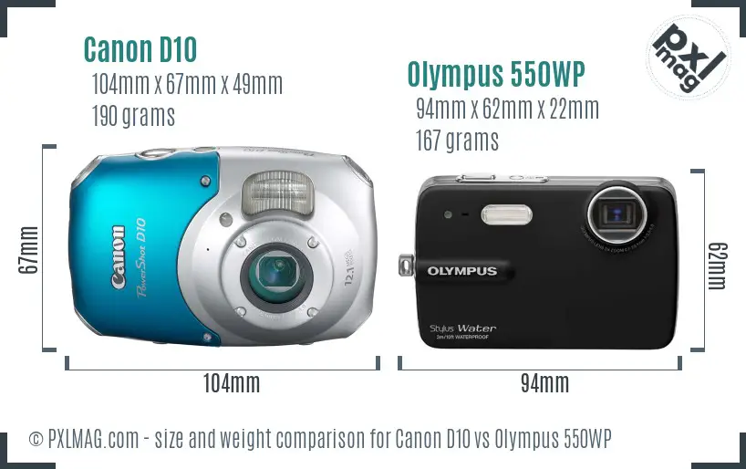 Canon D10 vs Olympus 550WP size comparison
