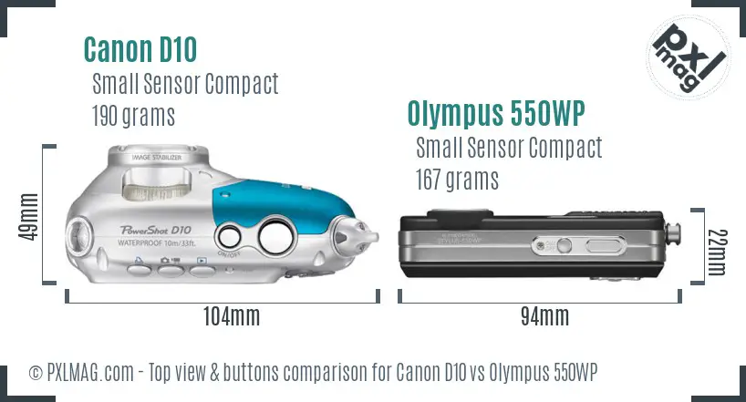 Canon D10 vs Olympus 550WP top view buttons comparison