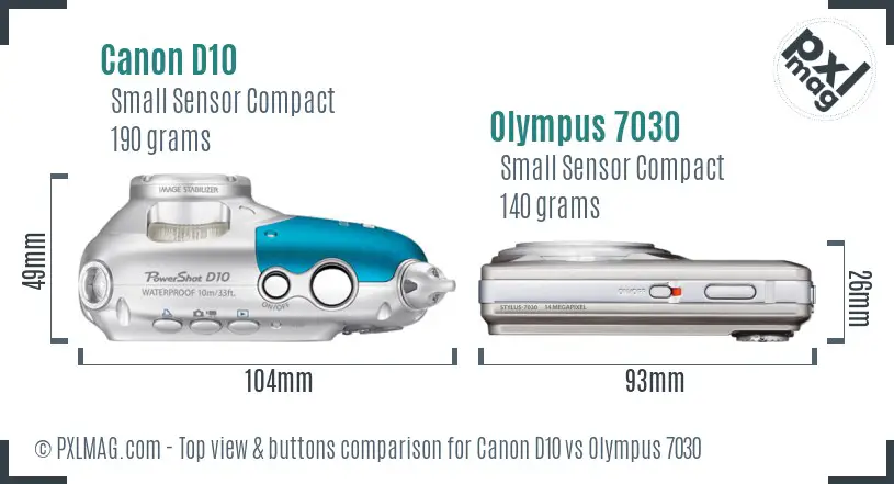 Canon D10 vs Olympus 7030 top view buttons comparison Canon D10 vs Olympus 7030 top view buttons comparison