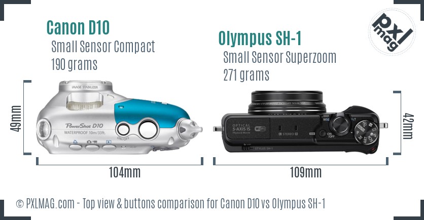 Canon D10 vs Olympus SH-1 top view buttons comparison