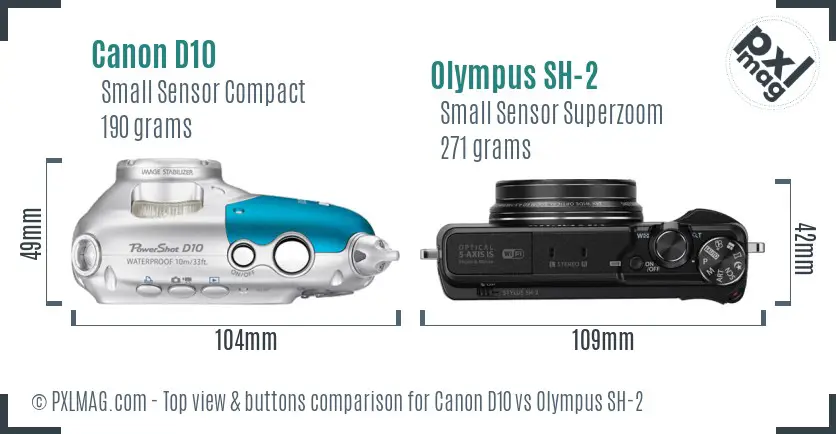 Canon D10 vs Olympus SH-2 top view buttons comparison