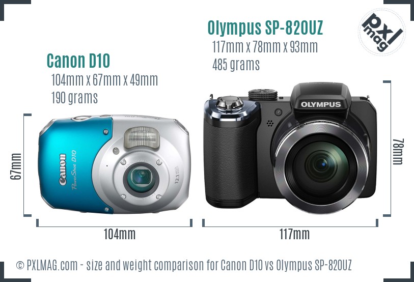 Canon D10 vs Olympus SP-820UZ size comparison Canon D10 vs Olympus SP-820UZ size comparison