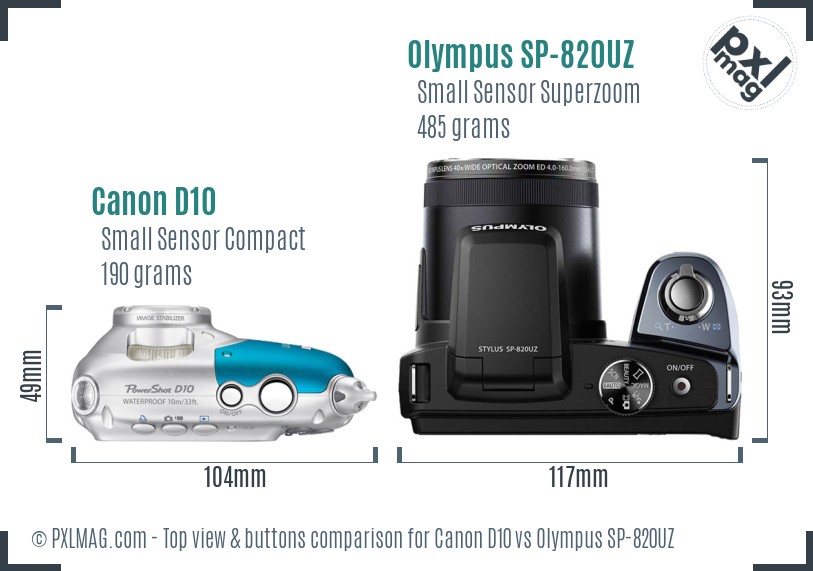 Canon D10 vs Olympus SP-820UZ top view buttons comparison