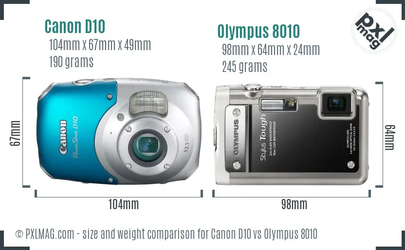 Canon D10 vs Olympus 8010 size comparison