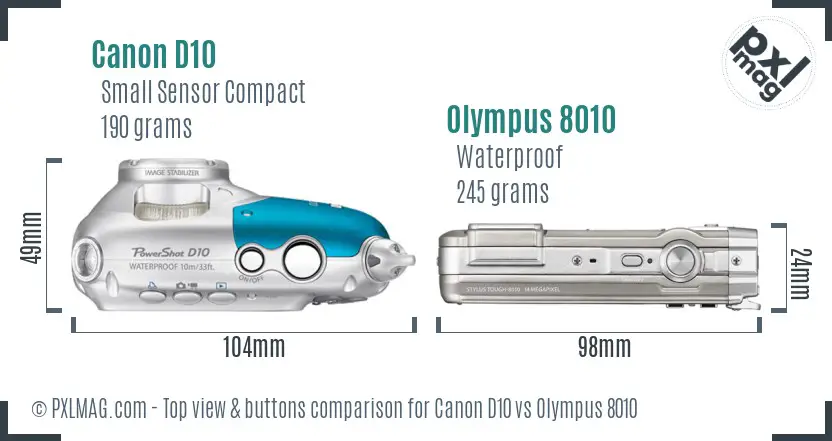 Canon D10 vs Olympus 8010 top view buttons comparison