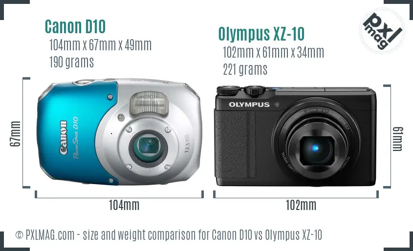 Canon D10 vs Olympus XZ-10 size comparison