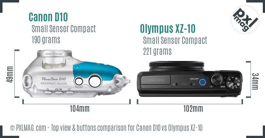 Canon D10 vs Olympus XZ-10 top view buttons comparison
