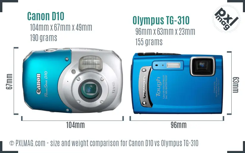 Canon D10 vs Olympus TG-310 size comparison