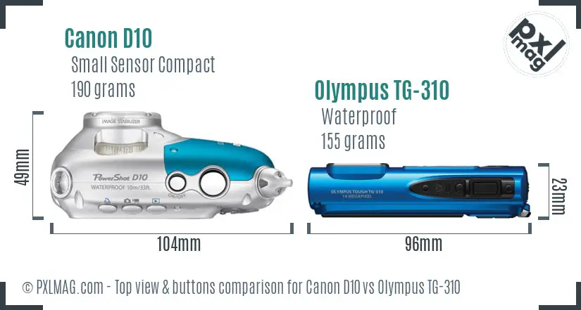 Canon D10 vs Olympus TG-310 top view buttons comparison