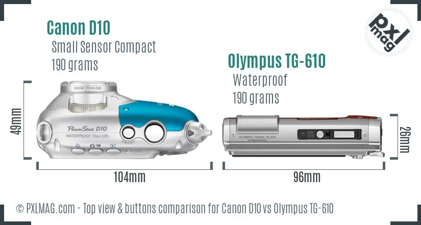Canon D10 vs Olympus TG-610 top view buttons comparison Canon D10 vs Olympus TG-610 top view buttons comparison